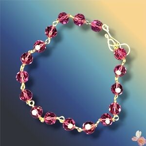 Pink Crystal Bead Bracelet Rose Gold Tone Hardware 7 Inch 318